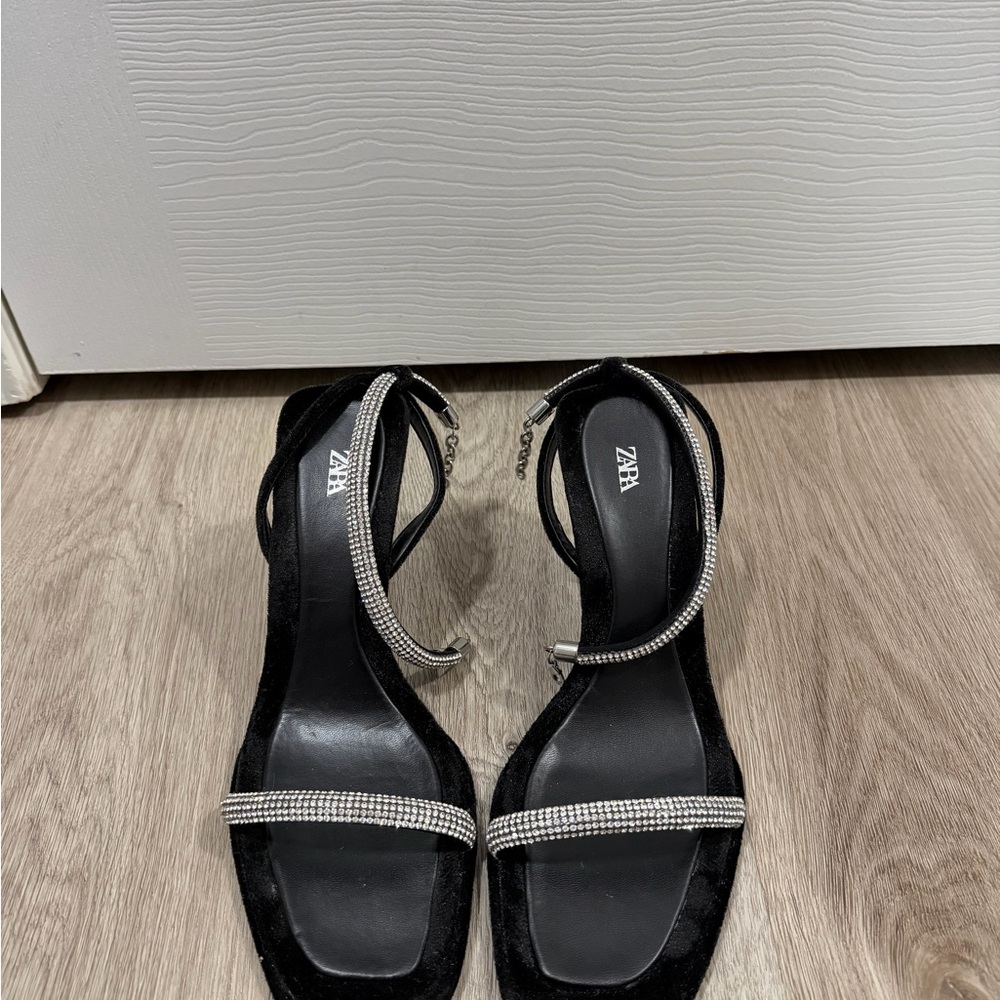 Zara Black Rhinestone-Trimmed Block Heel Sandals